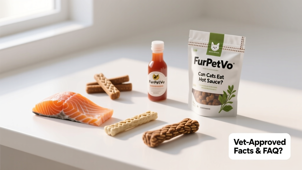 A selection of FurPetVo cat treats arranged neatly on a clean white surface: freeze-dried salmon pieces, dental chews, and herbal treat pouches