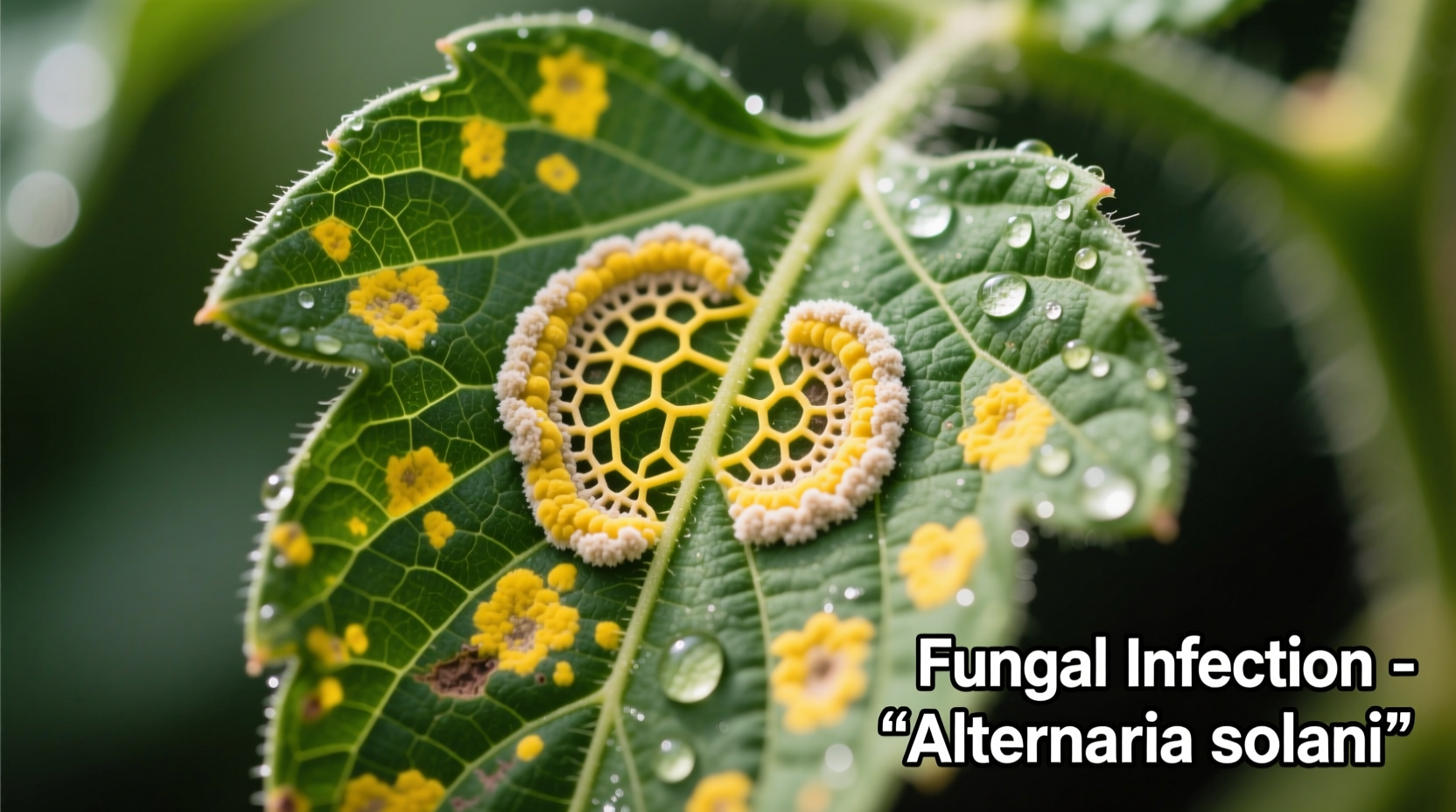 Close-up of tomato leaf with yellow spots showing fungal patterns