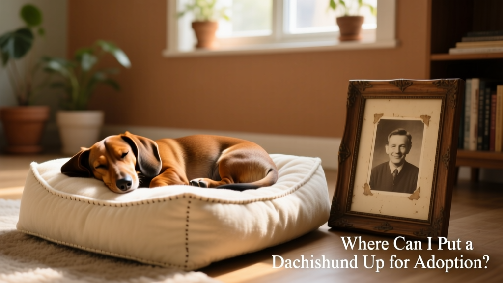 A joyful Dachshund curled up asleep on a cozy dog bed beside a framed photo of their former owner