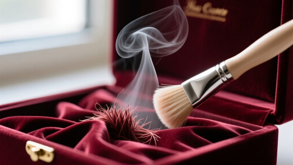 Steam lifting crushed burgundy velvet jewelry box lining fibers while a soft bristle brush gently restores the matted fabric pile.