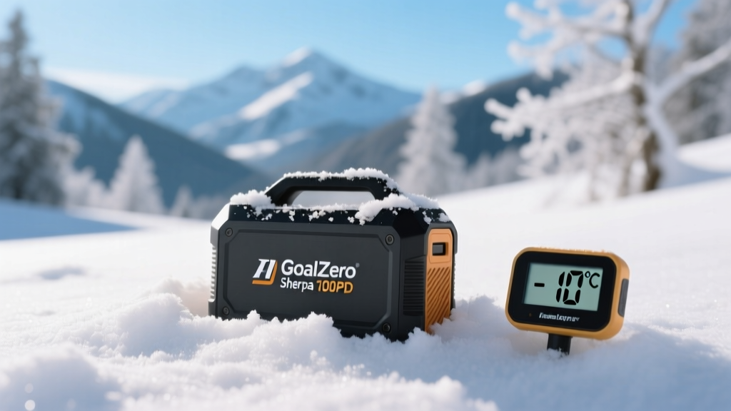 Goal Zero Sherpa 100PD power bank buried in snow with digital thermometer showing negative ten degrees Celsius ambient air temp