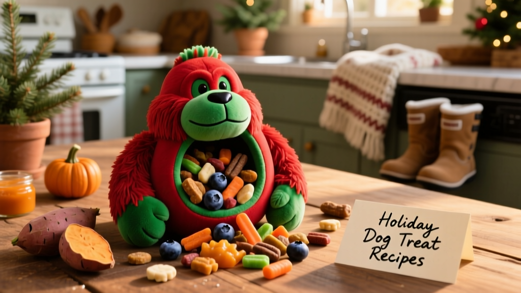A festive red-and-green KONG toy filled with colorful, natural dog treats