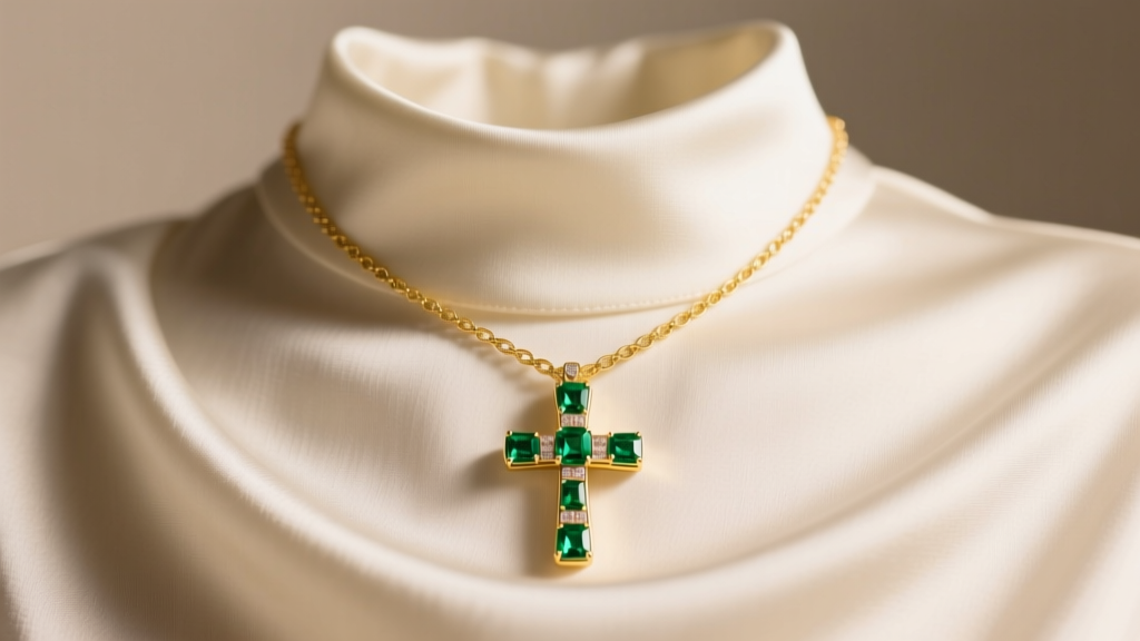 18k yellow gold emerald cross necklace resting on a silk draped collarbone, soft studio lighting highlighting deep green gemstones