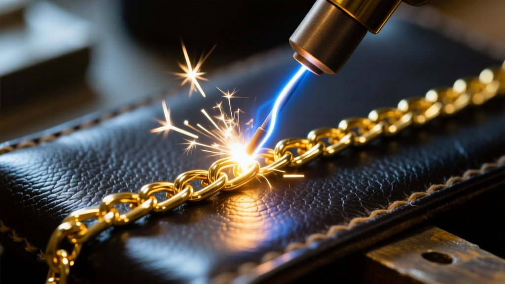 Close-up of a glowing micro-welder tip fusing a 14k gold permanent bracelet chain link on a dark leather jeweler's bench.