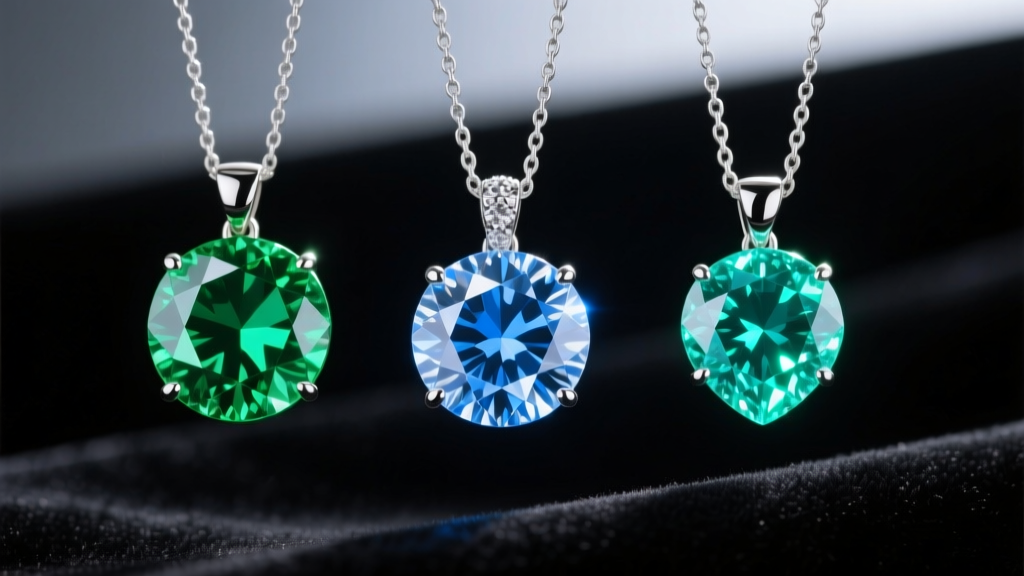 Macro shot comparing natural diamond, lab-grown diamond, and moissanite pendants under UV light showing distinct fluorescence.