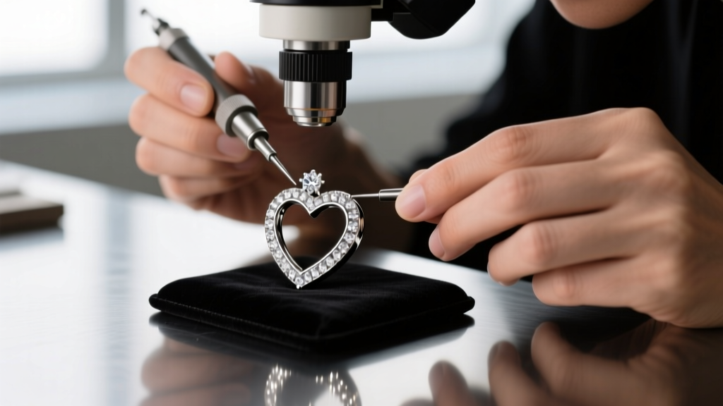Jeweler using a microscope and pneumatic tool to set microscopic diamonds into the curved edge of a platinum pave heart earring