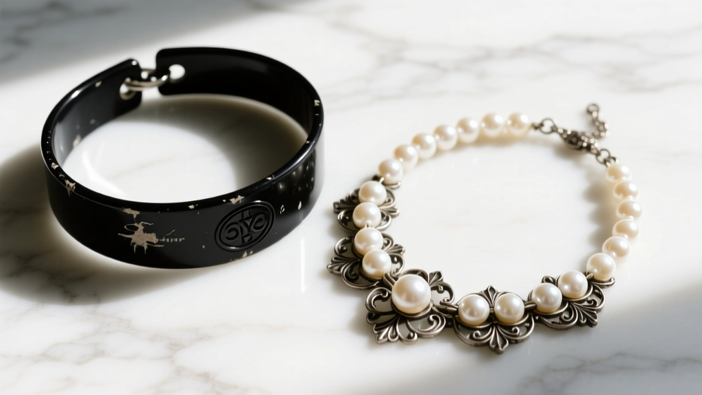 Flat lay of a 90s black plastic tattoo choker next to a Victorian pearl choker on a marble surface, top-down view