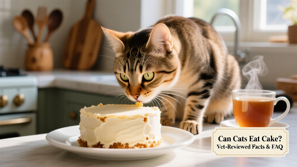 A curious tabby cat sniffing a small piece of plain vanilla cake on a plate