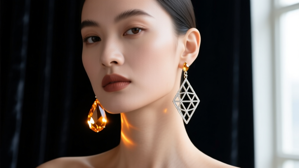 Editorial portrait of a model wearing asymmetrical illuminated drop earrings emitting soft amber glow against a dark background.