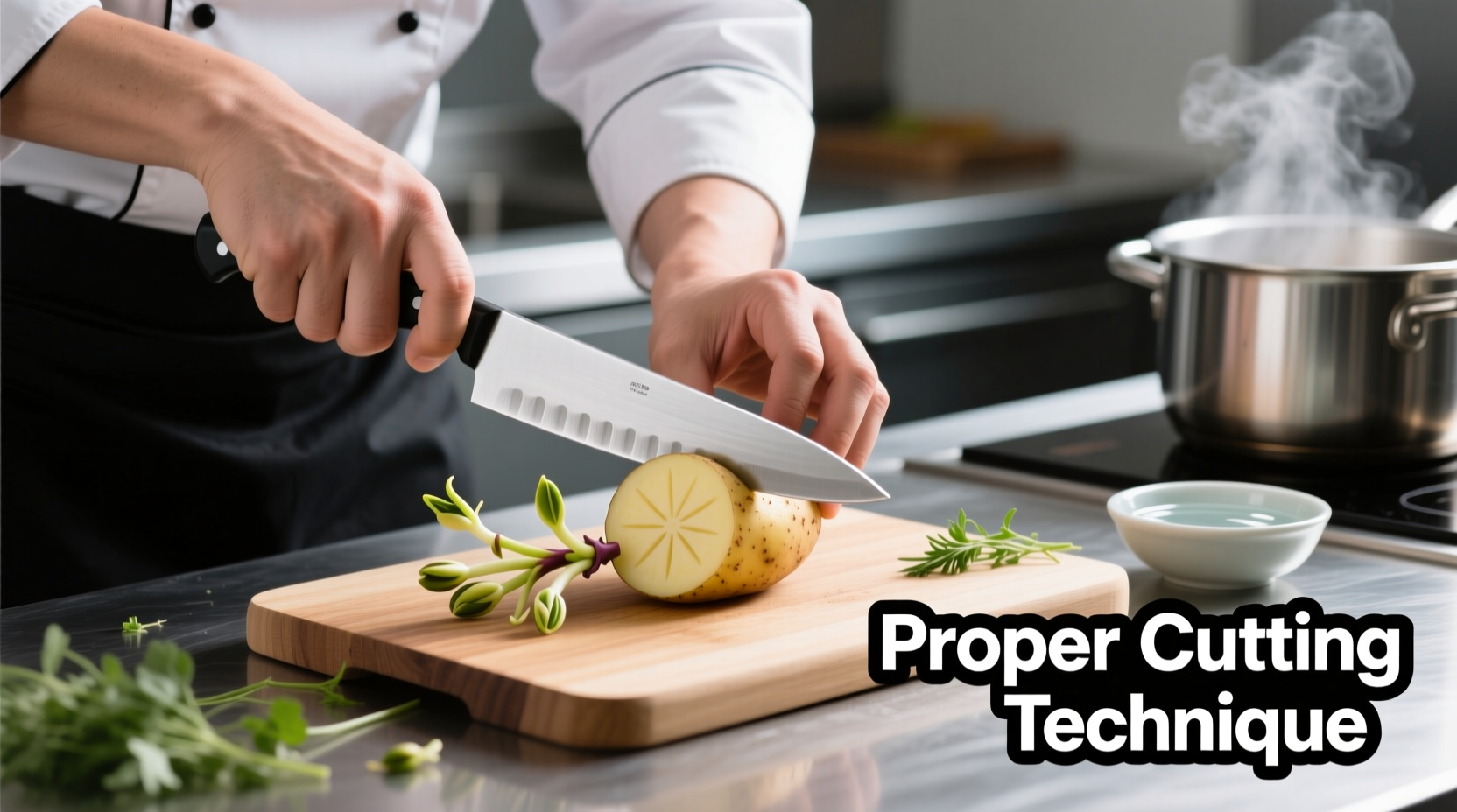 Chef preparing sprouted potatoes with proper cutting technique