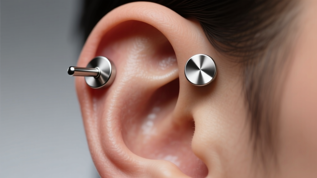 Ear close-up showing two separate 14g titanium flatback labrets in an industrial piercing setup under soft studio lighting.