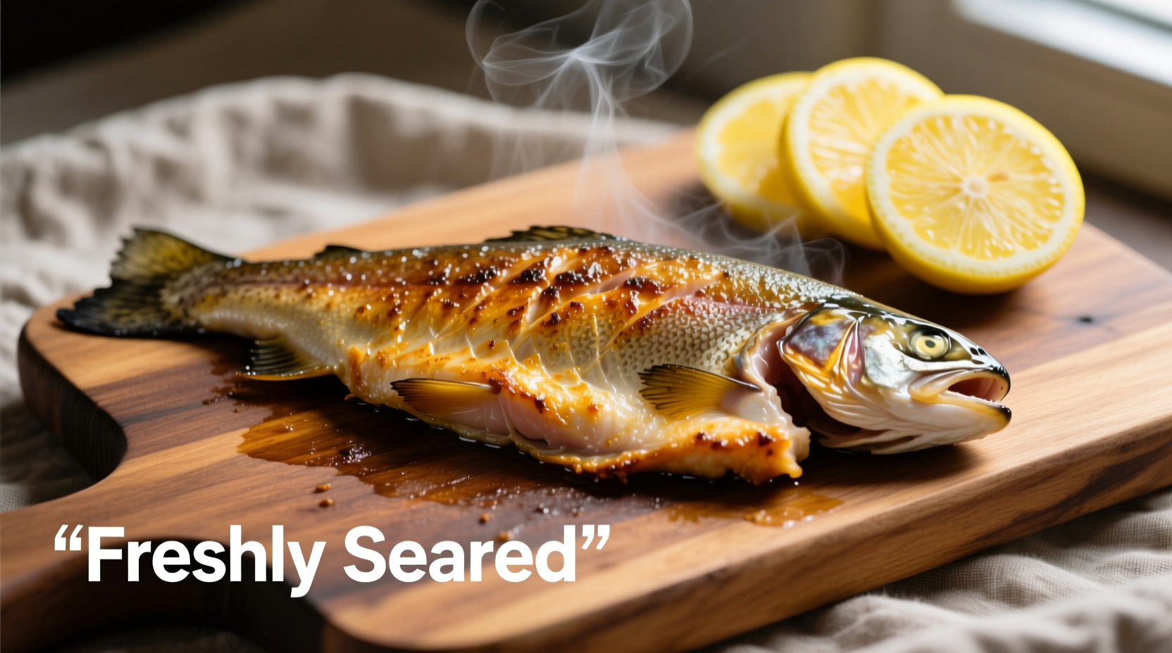 Perfectly seared trout fillet with lemon garnish
