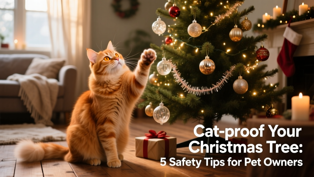 A ginger cat sitting beside a decorated Christmas tree, gazing up at the ornaments