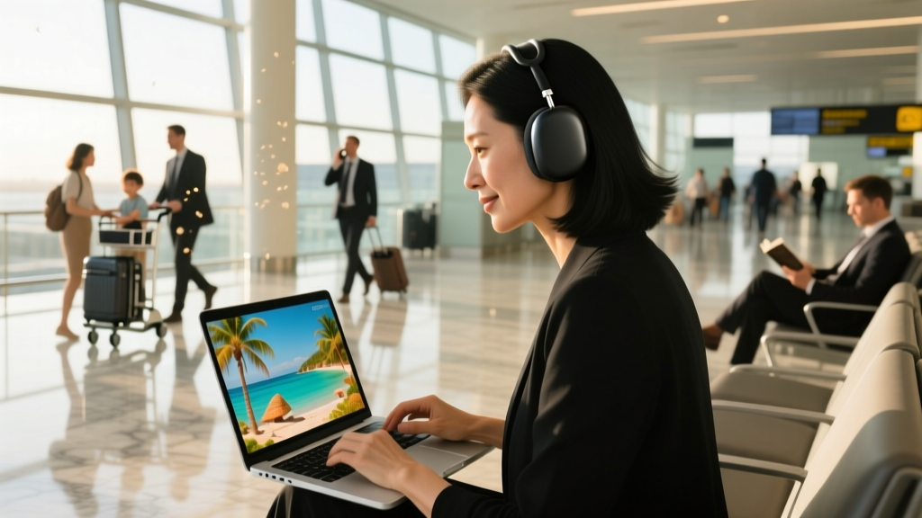 Travel blogger editing 4K video on a laptop in a bustling airport lounge wearing sleek black noise-canceling wireless earbuds