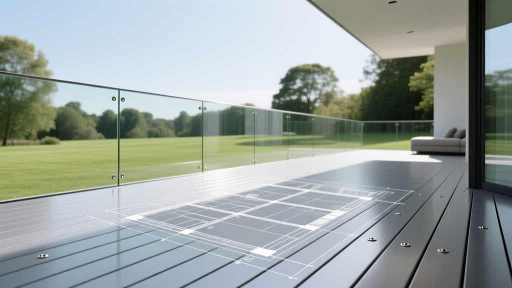 Architectural blueprint overlaying a sleek powder-coated aluminum deck surface with hidden fasteners and modern glass railings
