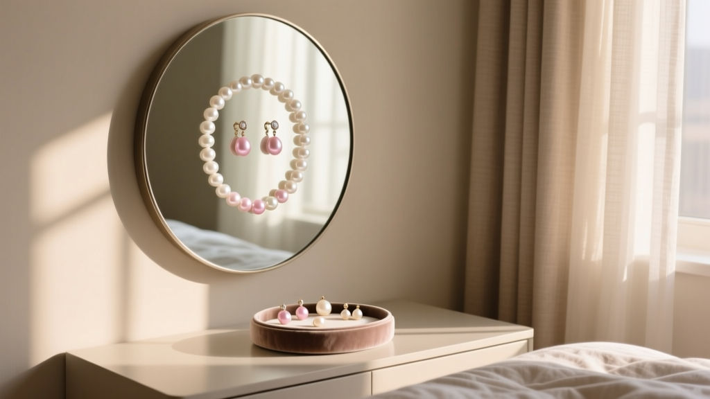 Bedroom vanity setup with a wall-mounted mirror jewelry holder reflecting warm morning light and neatly organized pearl earrings.