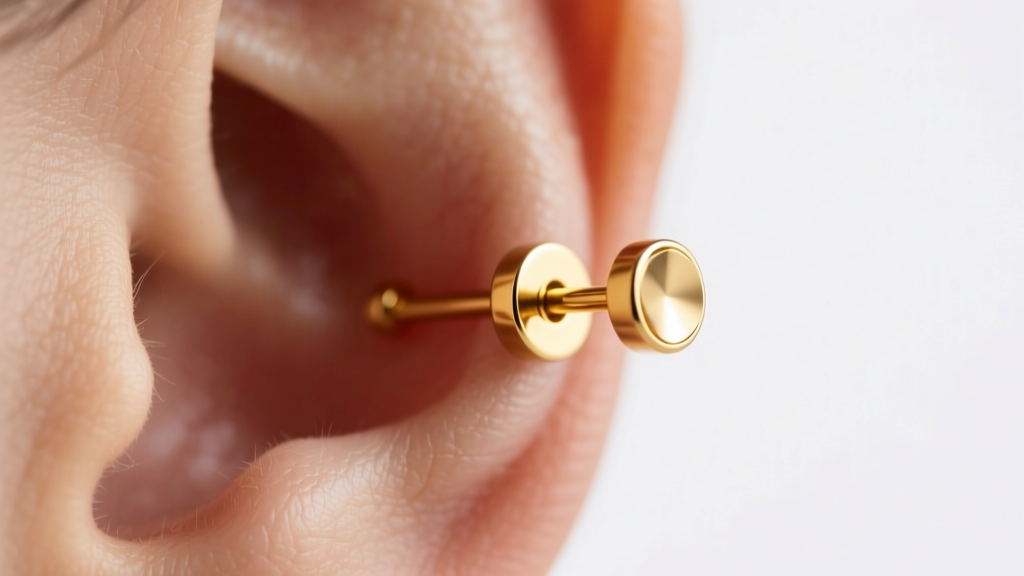 Close-up of a 20-gauge solid 14k gold ear stud inserted into a clean earlobe piercing against soft, natural studio lighting
