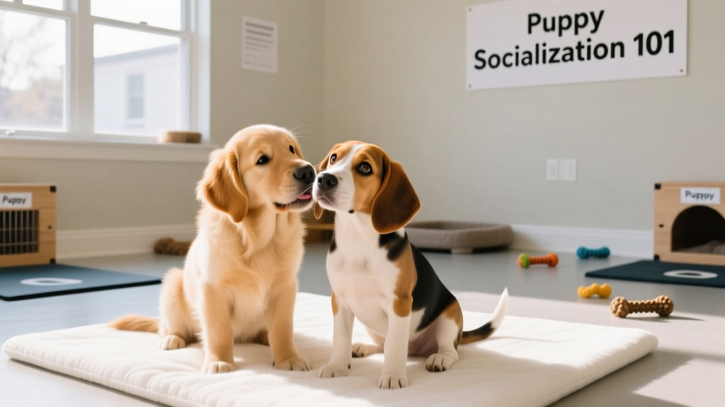 Two friendly, vaccinated puppies playing side-by-side on a clean indoor mat during a supervised socialization class