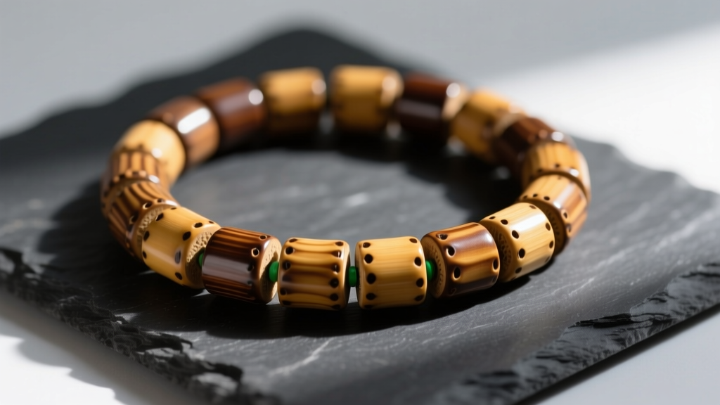 Close-up of a polished natural bamboo bead necklace resting on dark slate, highlighting the organic grain texture and node rings.