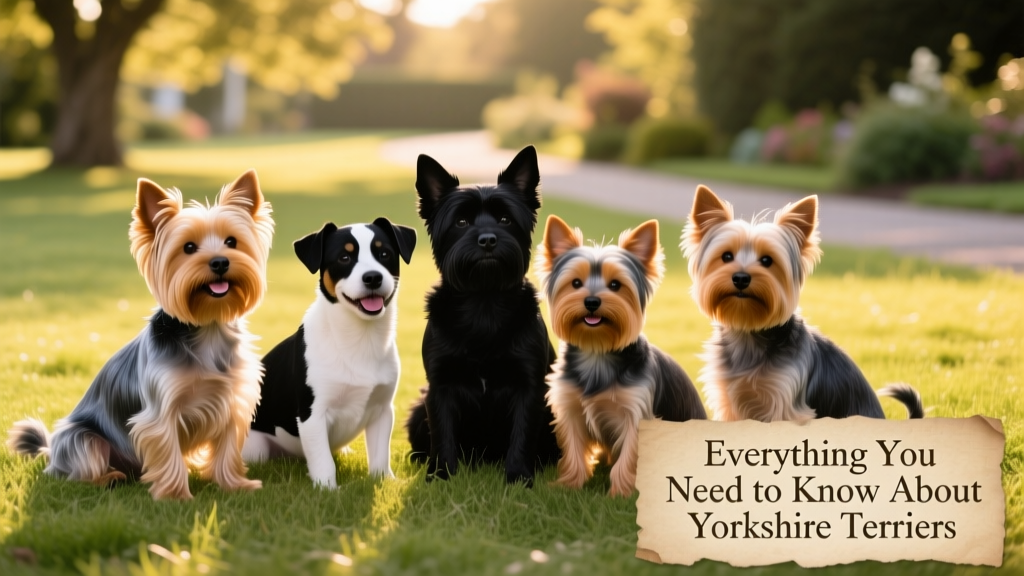 A joyful group photo of five different Yorkie types—Original, Parti, Black, Biewer, and a Yorkie mix—posing together on a sunlit grassy patch