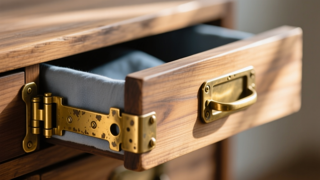 Close-up of brass hinges and anti-tarnish cloth lining a wooden drawer, showing budget-friendly jewelry storage details.