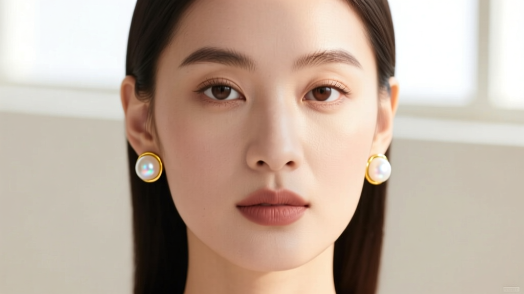 Close-up of a woman wearing 8mm white freshwater pearl stud earrings in 14k yellow gold settings with soft natural window lighting.