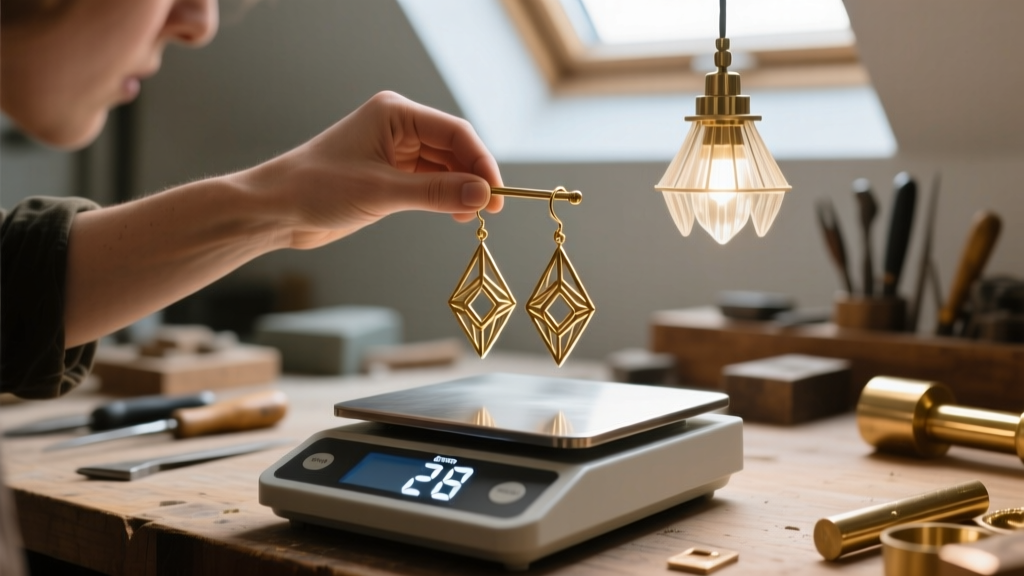 Jeweler using a digital scale to weigh brass chandelier earrings, showing 28 grams on the LED screen in a softly lit workshop.