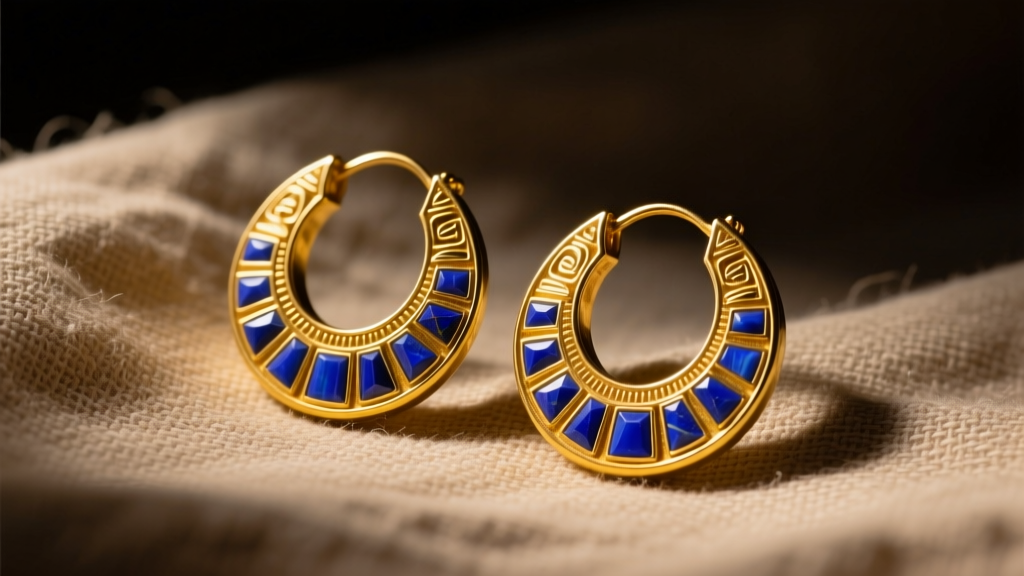 Ancient Egyptian style gold hoop earring with lapis lazuli inlays resting on textured linen under dramatic moody side lighting