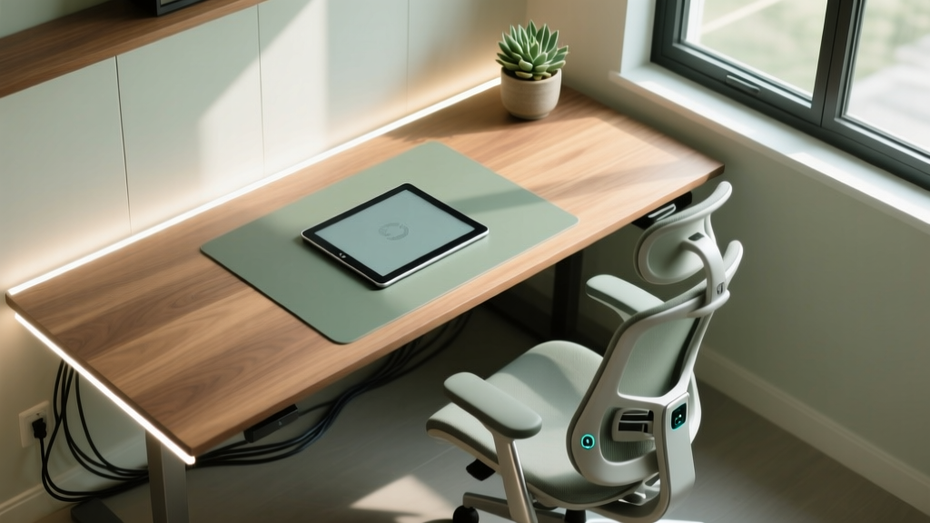 Top-down 2026 home office desk with an e-ink tablet, smart ergonomic chair, and ambient lighting intersecting in a grid layout.