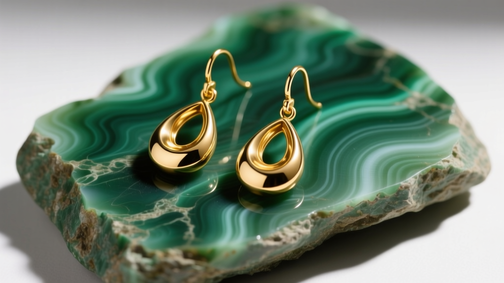 Gold-plated brass teardrop drop earrings resting on raw green serpentine stone, studio lighting, macro jewelry photography