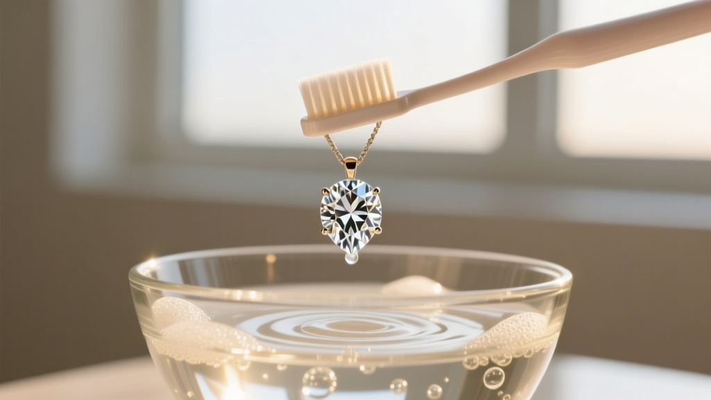 Soft toothbrush cleaning a floating diamond pendant in a glass bowl of soapy water, lit by bright natural window light.