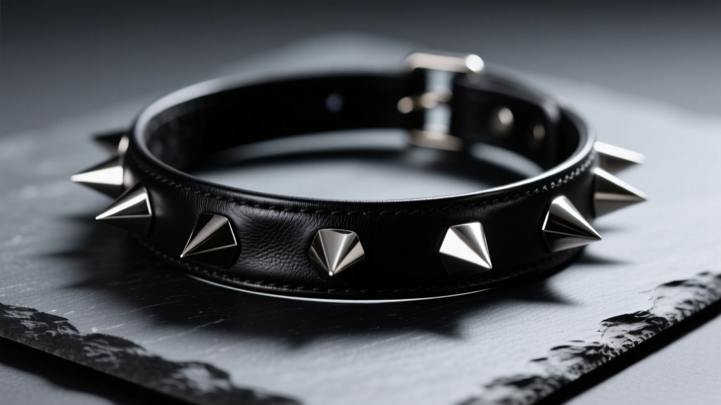 Close-up of a black leather choker with steel pyramid spikes, laid flat on a dark slate surface with dramatic side lighting