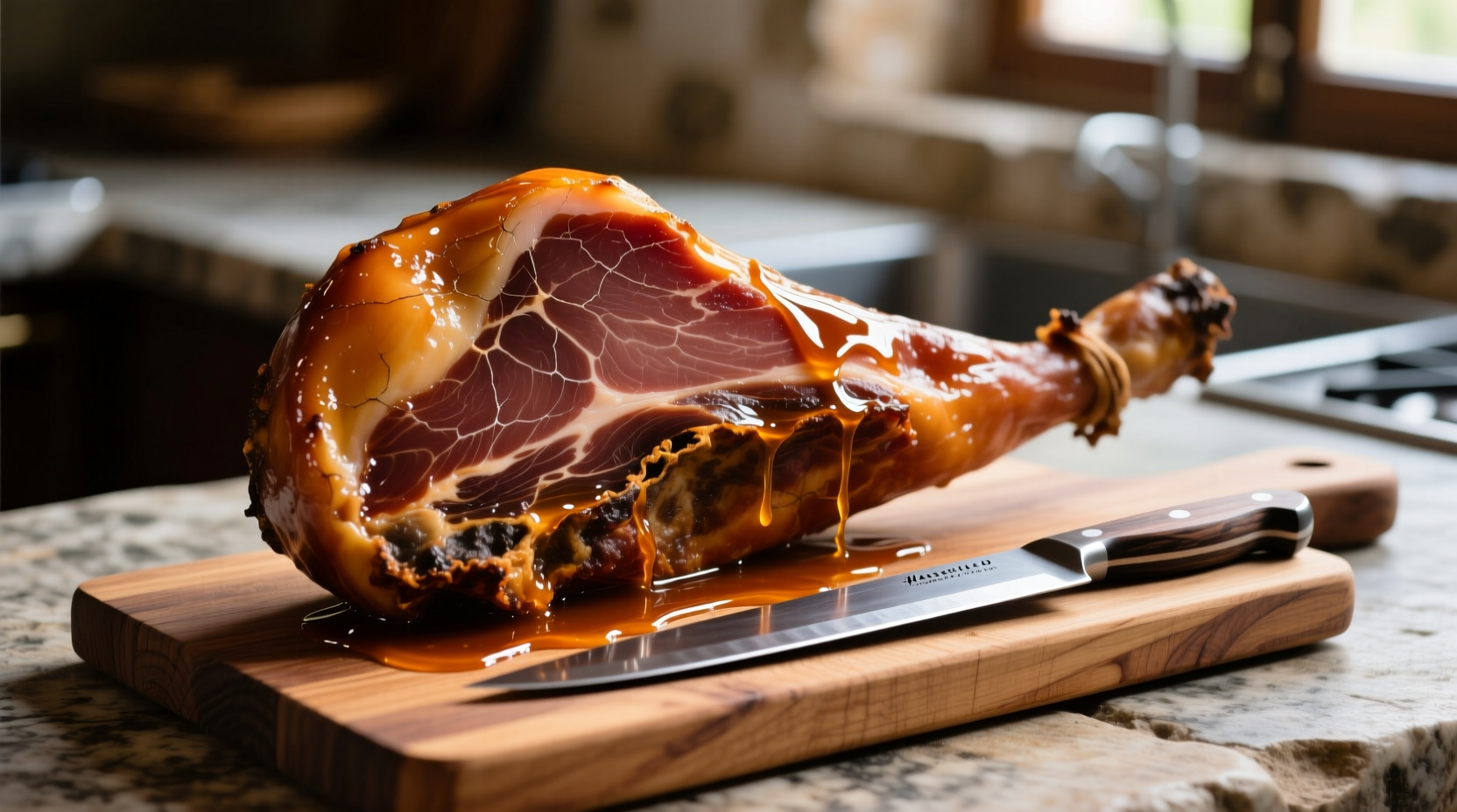 Perfectly cooked cured ham with glaze on carving board