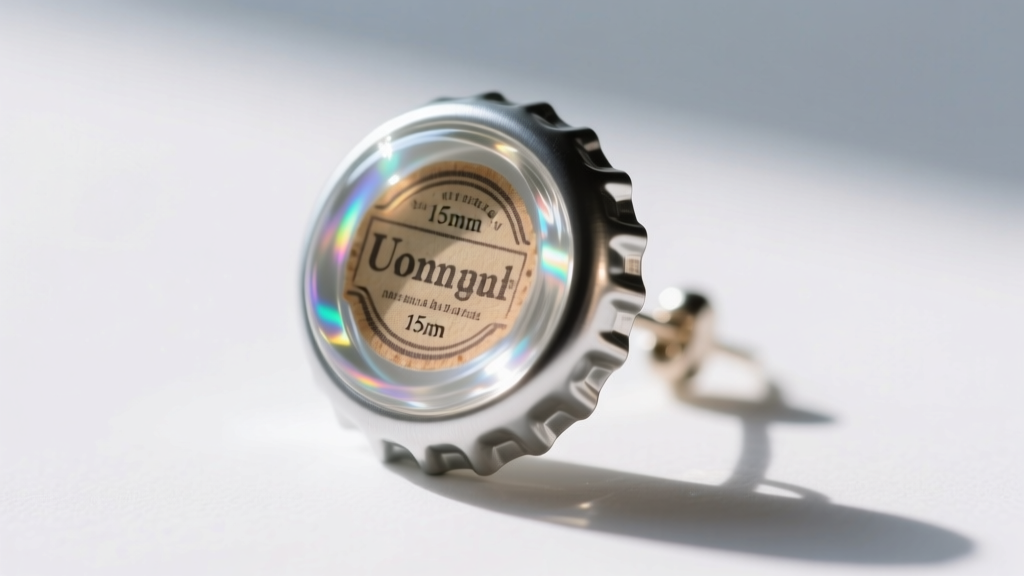 Macro shot of 15mm upcycled aluminum bottle cap earring filled with clear UV resin over vintage label, showing smooth sealed edges