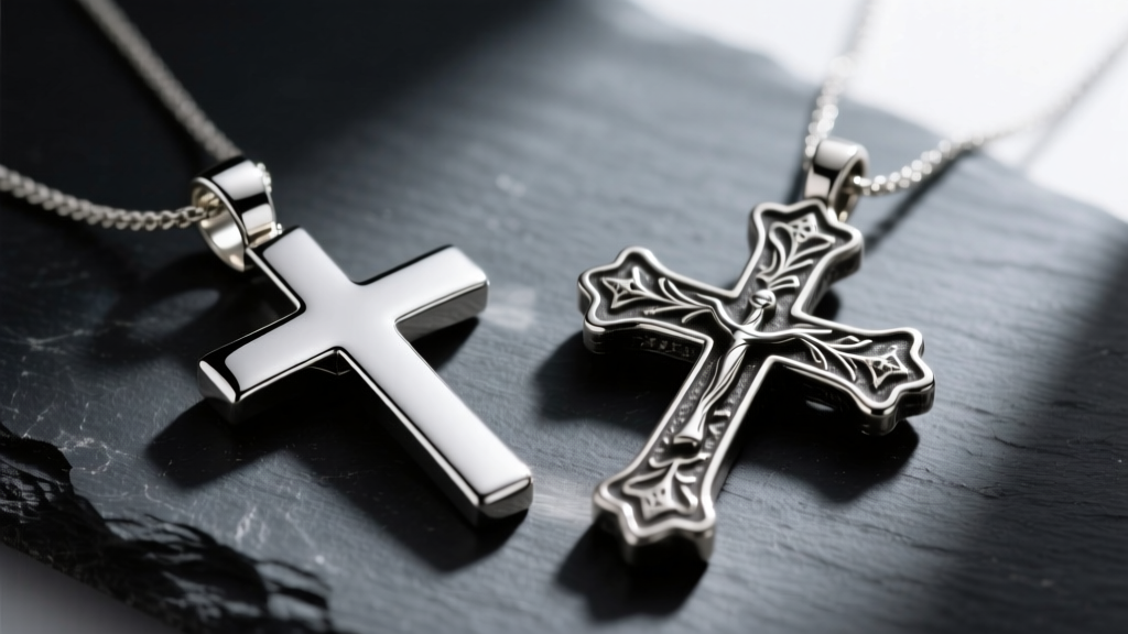 Macro comparison of a polished platinum minimalist cross pendant and an oxidized sterling silver cross on dark slate