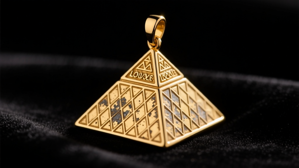 Close-up of a tarnished 18k gold vermeil Louvre pyramid pendant resting on dark velvet under warm studio lighting