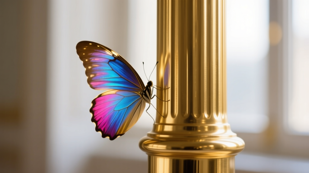 Close-up of La pousette backing on a gold post, showing precision grooves and butterfly wings in bright, soft window light
