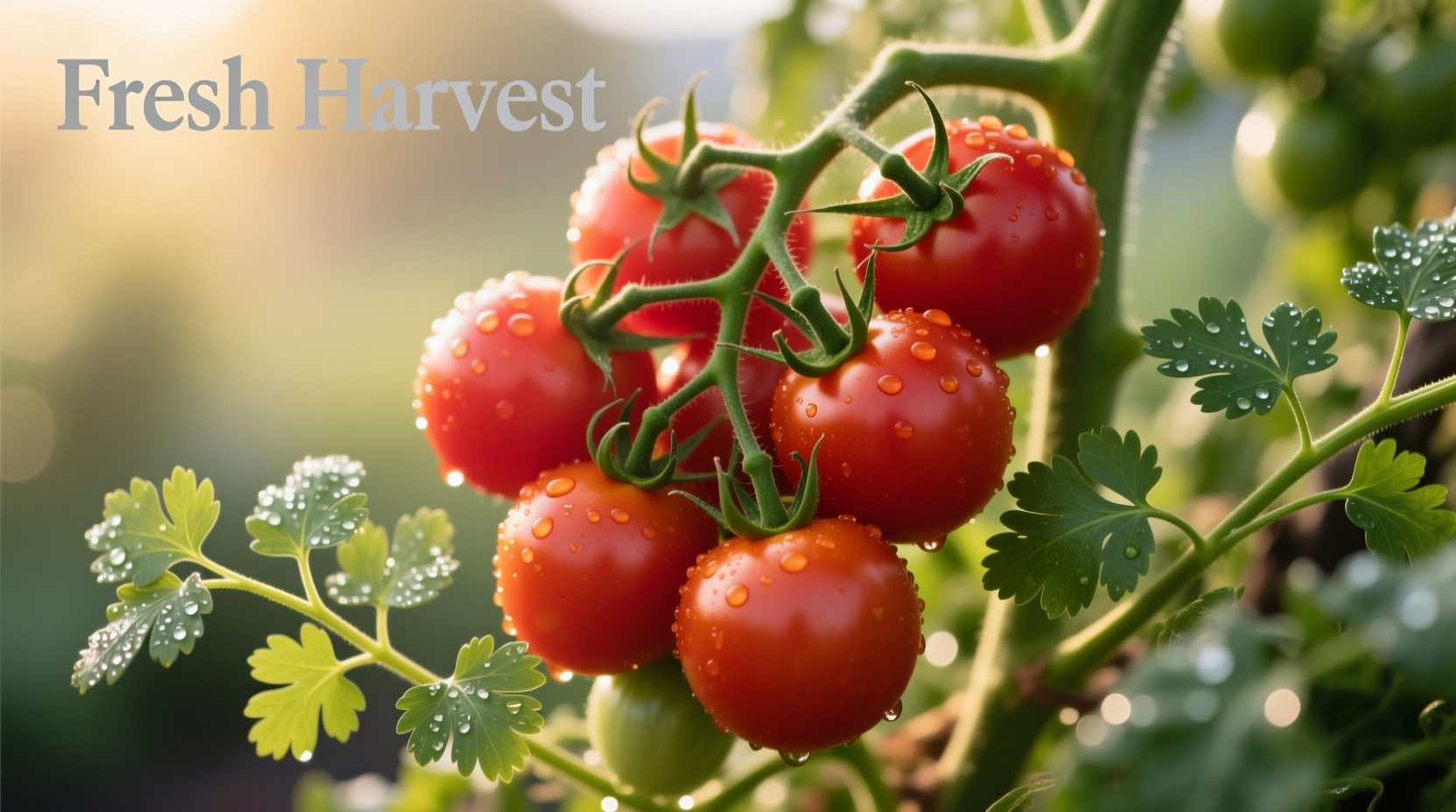Roma tomatoes on vine with fresh cilantro