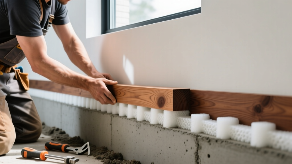 Carpenter installing pressure-treated wooden sill plate over a foam sill sealer on a freshly poured concrete foundation wall