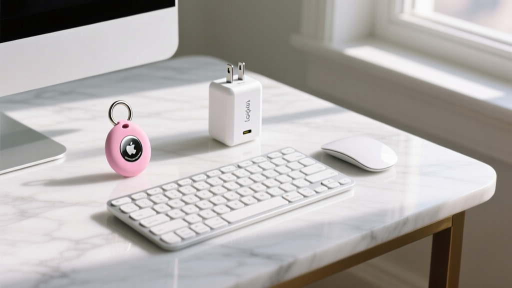 Flat lay of pastel pink Apple AirTag, white Anker Nano GaN charger, and Logitech Pebble Keys 2 keyboard arranged on a marble desk with a latte