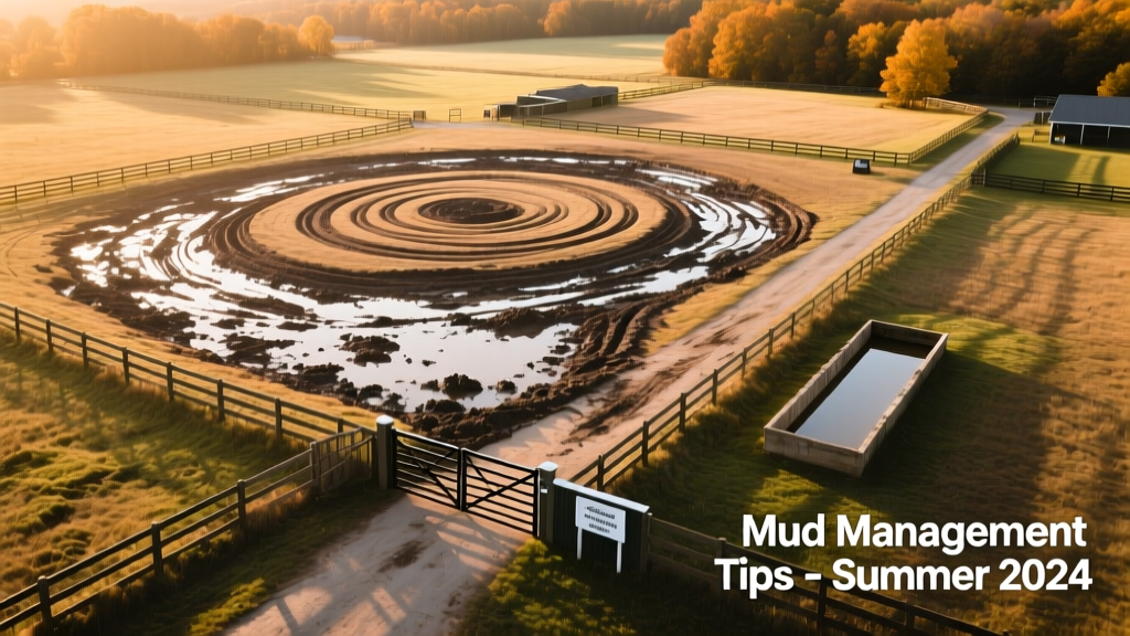 Aerial view of a horse property showing muddy high-traffic zones near gates and water troughs