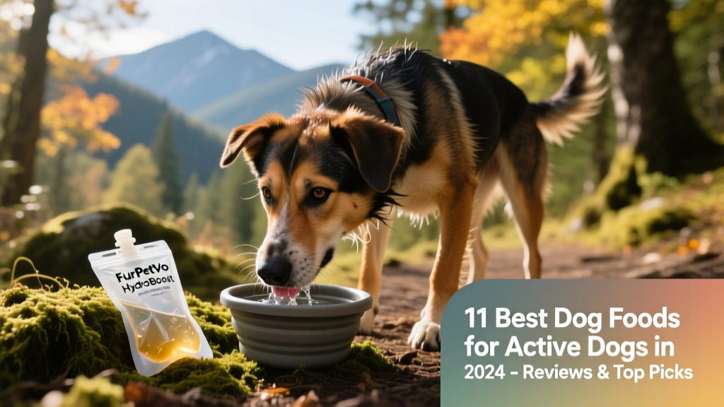 An active working dog drinking from a portable water bowl during a hiking break, with FurPetVo HydroBoost Gel pouch nearby