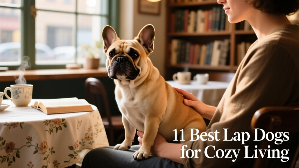 A French Bulldog sitting contentedly on a person's lap at a cozy café setting