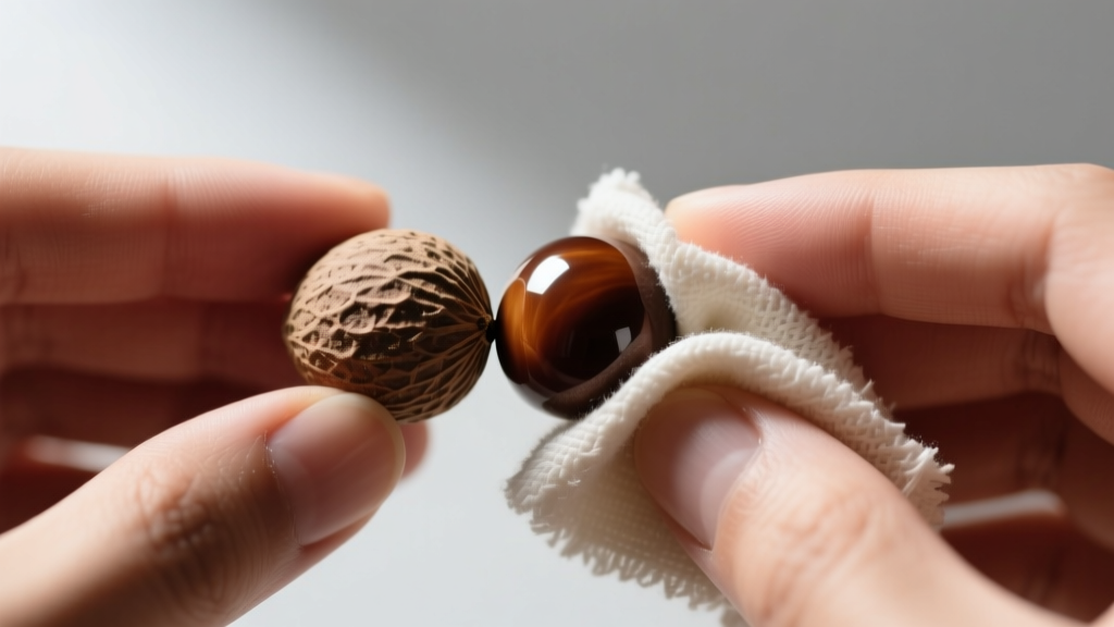 Hands gently wiping a tagua nut bead with a dry microfiber cloth, showing the contrast between a cleaned and uncleaned section