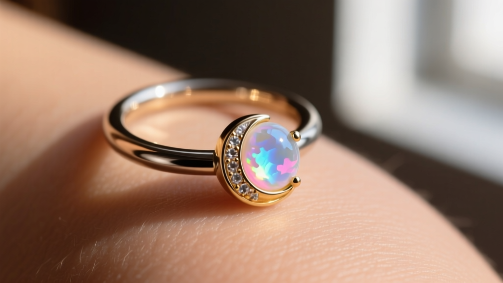 Macro shot of 16-gauge titanium cartilage hoop with a tiny bezel-set rainbow moonstone full moon charm against warm skin