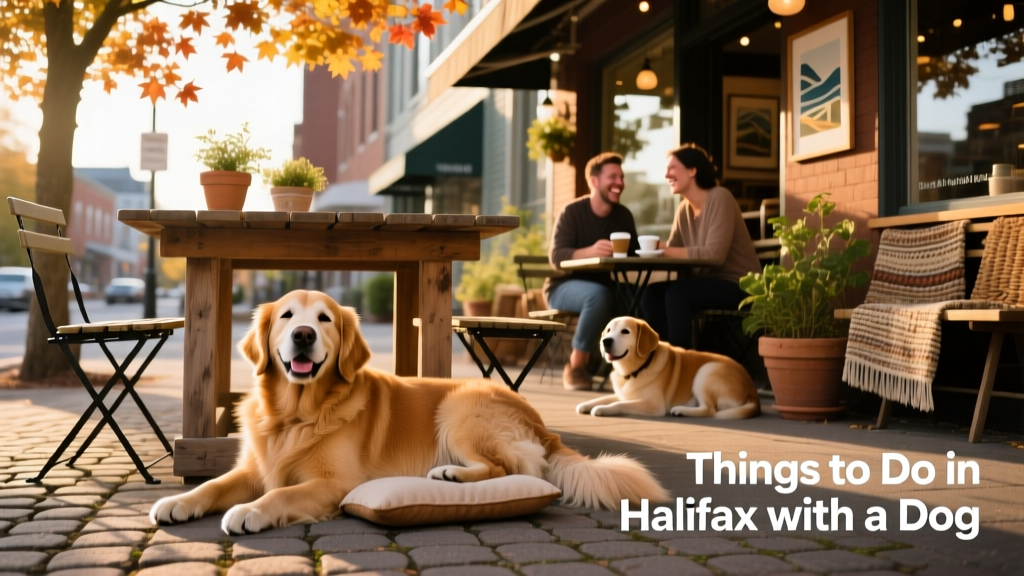 A happy dog resting under a shaded outdoor table at a cozy, dog-friendly café in downtown Halifax