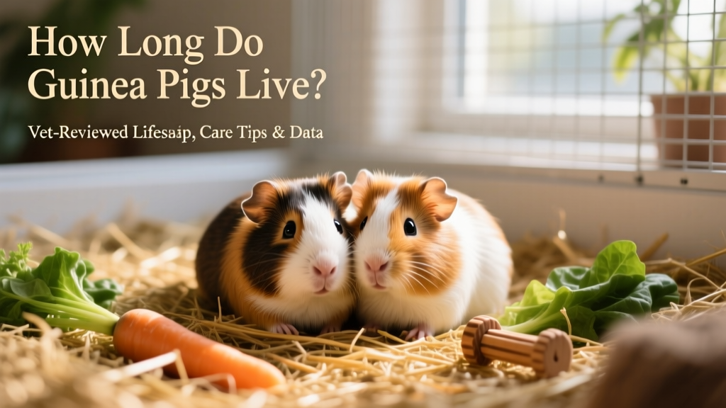 Two friendly guinea pigs snuggling together in a cozy, clean habitat with fresh hay and vegetables
