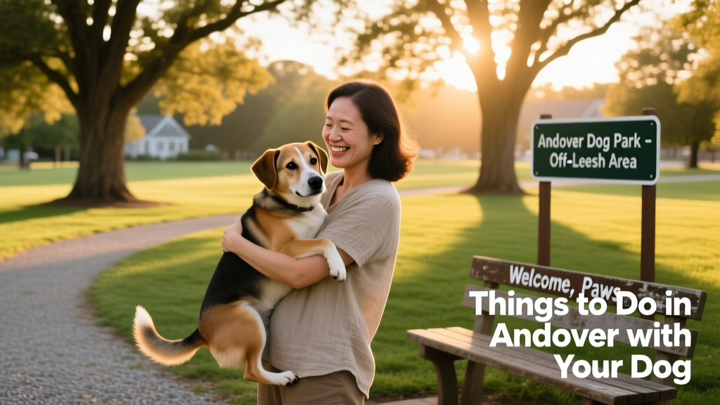 A pet parent holding their dog in a peaceful, sun-dappled dog-friendly park in Andover.