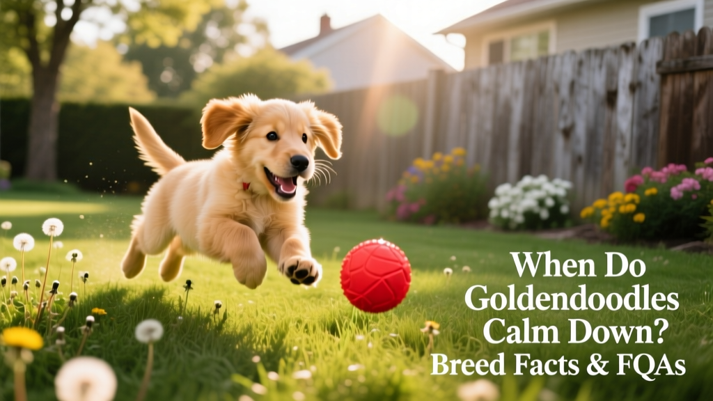 A playful young Goldendoodle puppy chasing a ball in a sunlit backyard