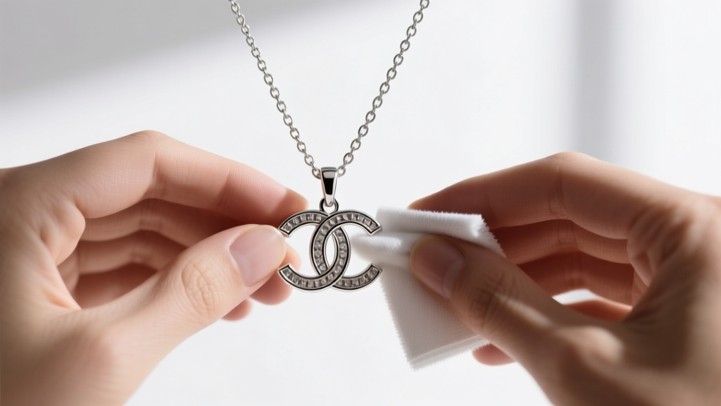 Hands using a microfiber polishing cloth to gently buff an intricate C-logo charm on a delicate, sterling silver chain necklace.